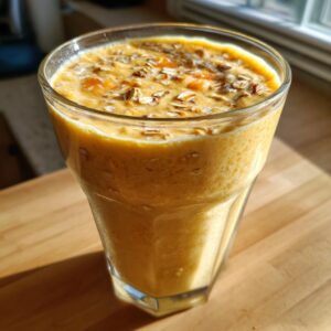 A glass filled with a creamy peach cobbler smoothie, topped with oats and peach pieces.
