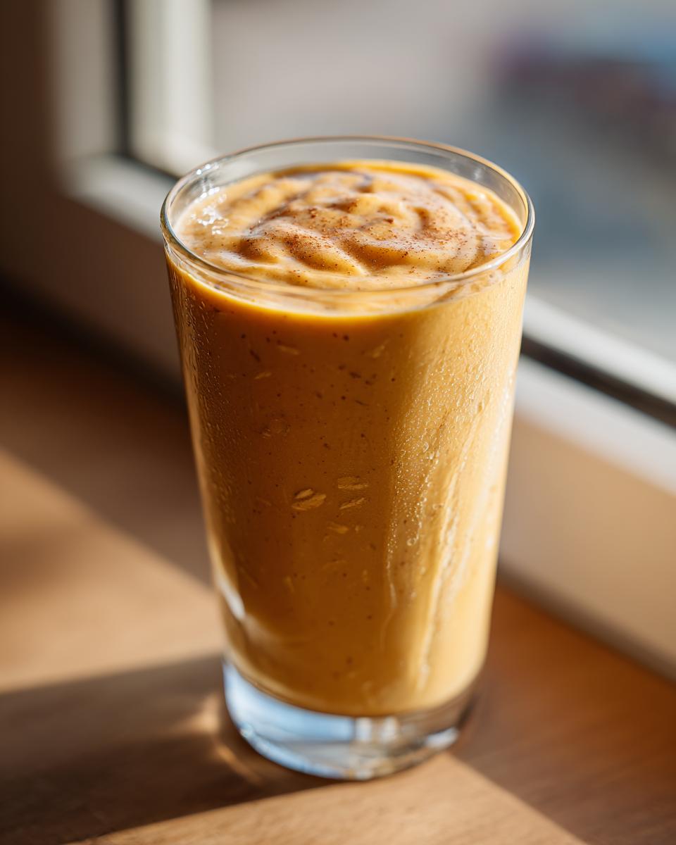 A tall glass of peach cobbler smoothie, topped with spice, sits on a wooden surface near a window.