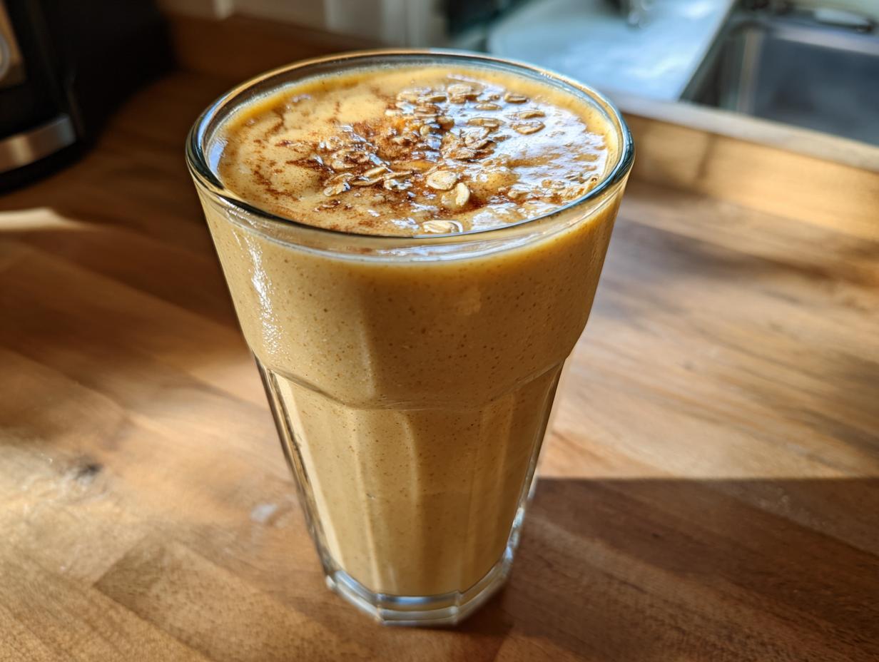 A glass of peach cobbler smoothie topped with oats and cinnamon on a wooden surface.