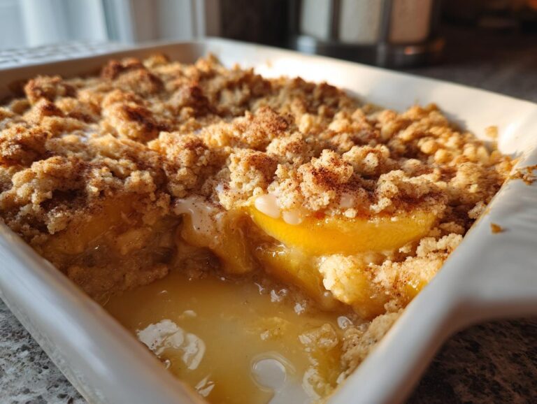 Close-up of a peach cobbler with cake mix in a white baking dish, showing the peaches and crumbly topping.