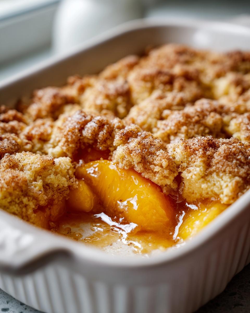 Close-up of peach cobbler with cake mix in a white baking dish, showcasing the juicy peaches and crumbly topping.