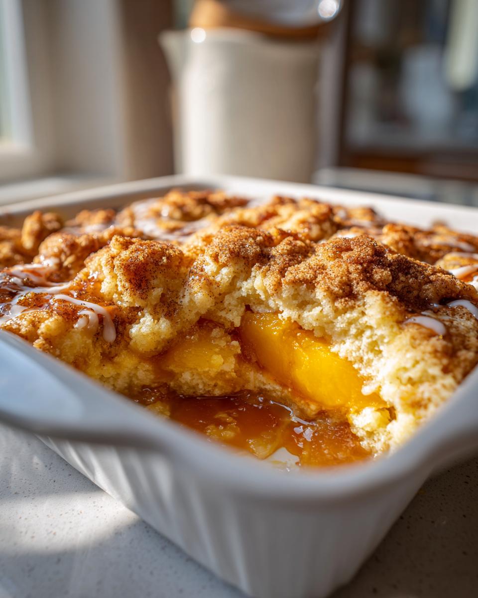 Close-up of peach cobbler with cake mix in a white baking dish, showing the peach filling and cake topping.