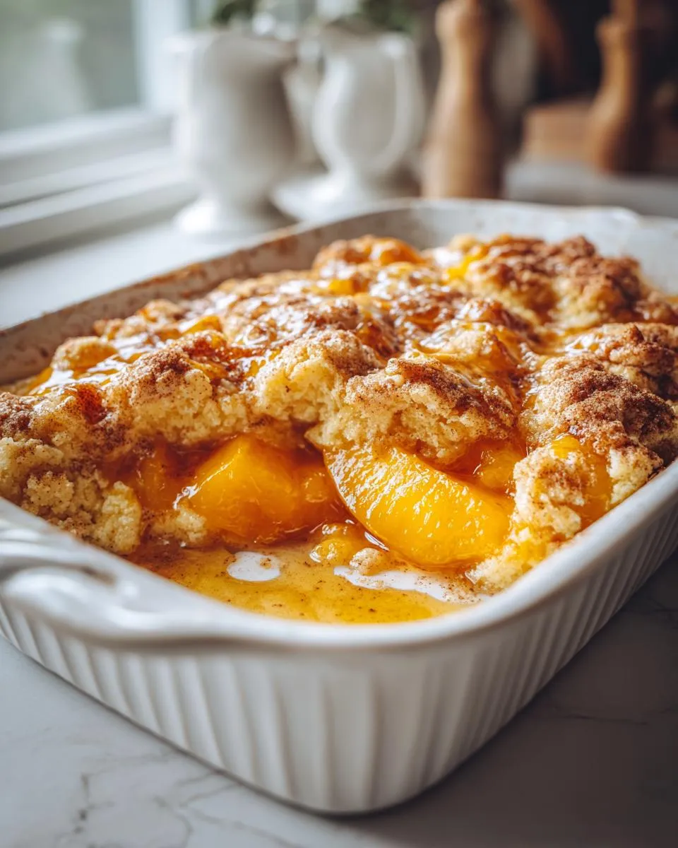 Close-up of a freshly baked peach cobbler with cake mix in a white baking dish, showcasing juicy peaches and golden-brown topping.