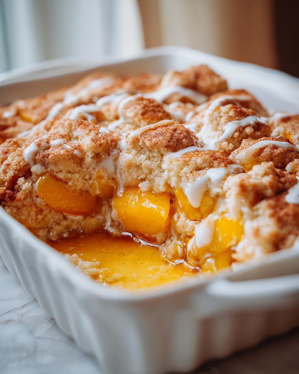 Close-up of a delicious peach cobbler with cake mix in a white baking dish, showing juicy peaches and a golden crust.