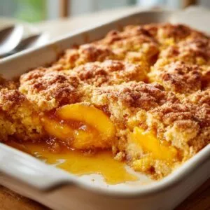 Close-up of a delicious peach cobbler with cake mix in a white baking dish, showing juicy peaches and a golden crust.