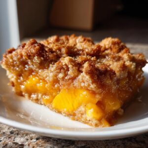 A slice of peach dump cake on a white plate, showcasing the peaches and crumb topping.