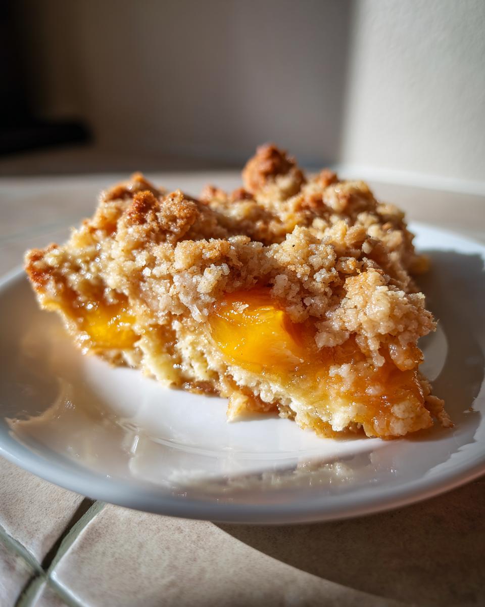 A slice of peach dump cake on a white plate, showcasing the peach filling and crumbly topping.