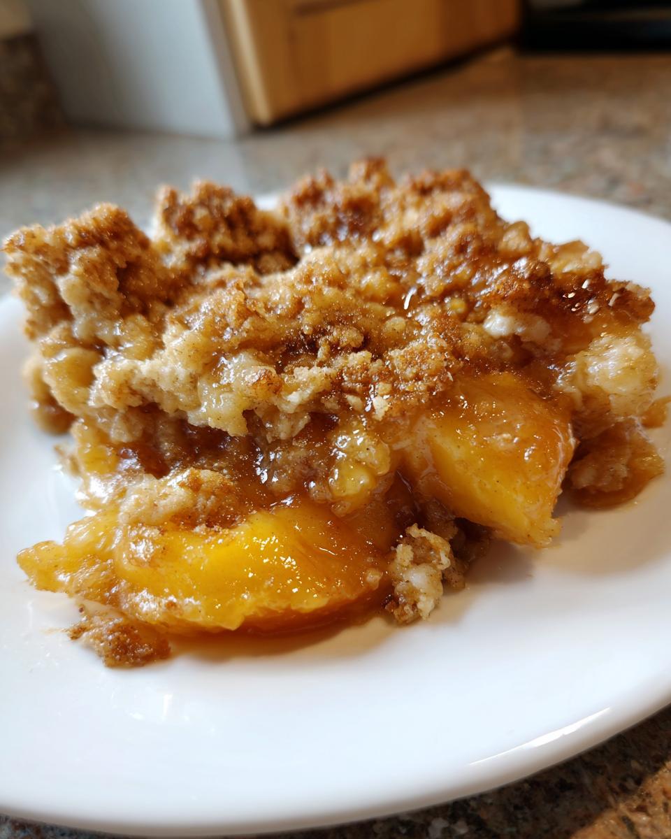 A slice of peach dump cake on a white plate, showcasing the peaches and crumbly topping.