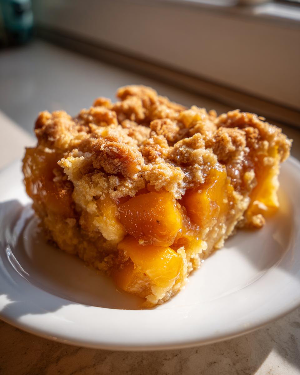 A slice of peach dump cake with a golden crumble topping on a white plate, ready to eat.