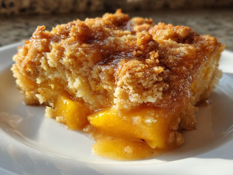 A slice of peach dump cake on a white plate, showcasing the peaches and crumbly topping.