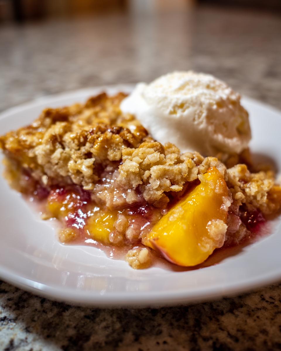 A slice of peach dump cake topped with a scoop of vanilla ice cream on a white plate. Delicious peach dump cake.