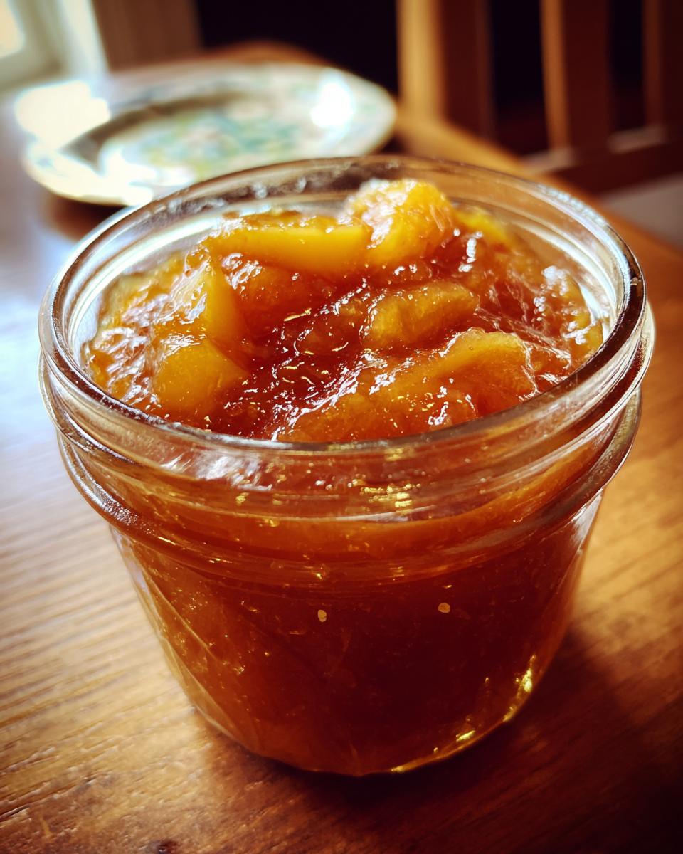 Close-up of homemade peach jam in a clear glass jar on a wooden surface.