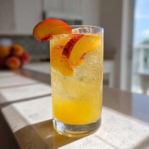 A glass of peach lemonade with peach slices, showcasing its refreshing and vibrant color.
