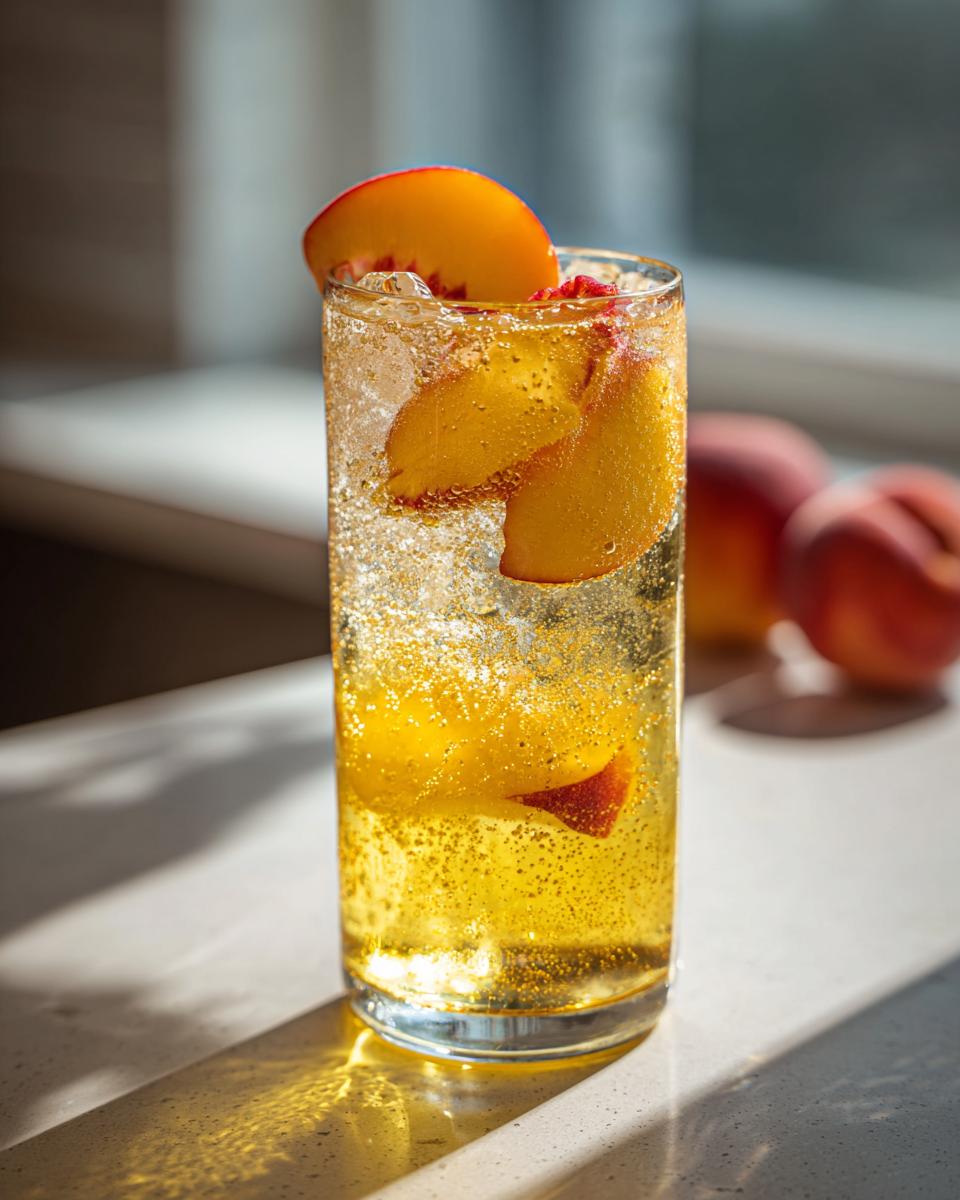 Tall glass of peach lemonade with peach slices and ice, showcasing a refreshing summer drink.