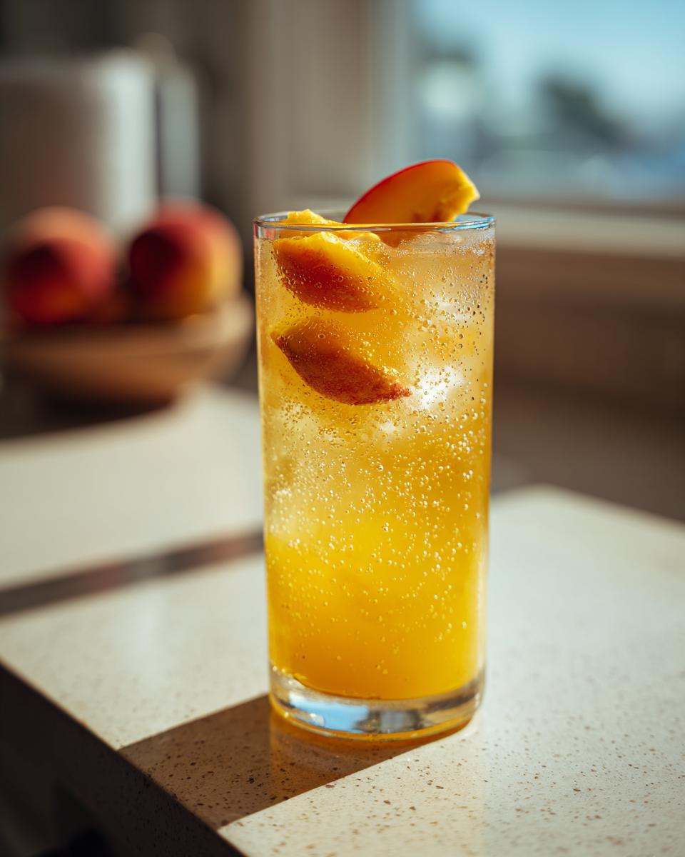 Tall glass of peach lemonade with peach slices and condensation, sitting on a counter.