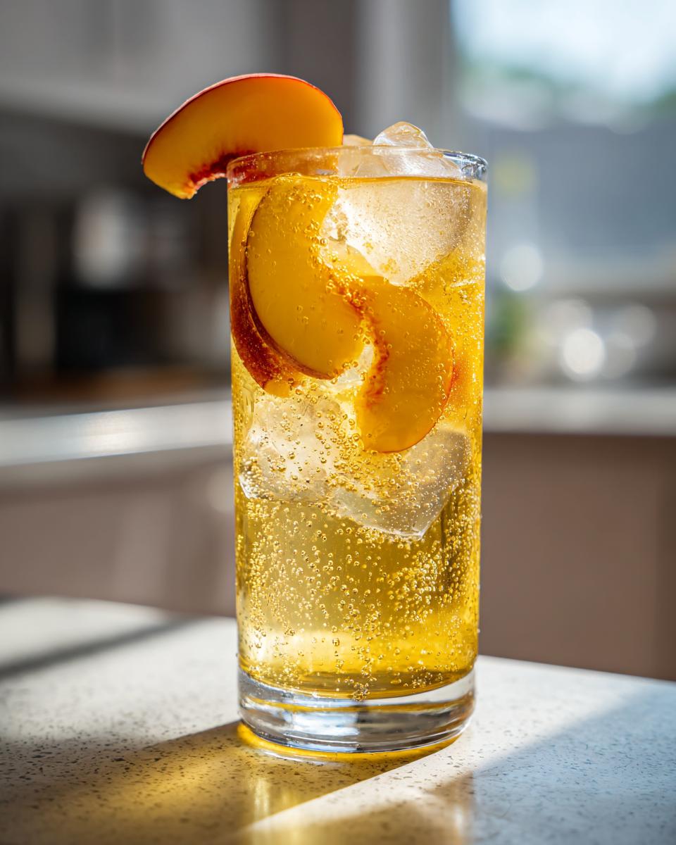 A glass of peach lemonade with ice and peach slices, showcasing its refreshing appearance.