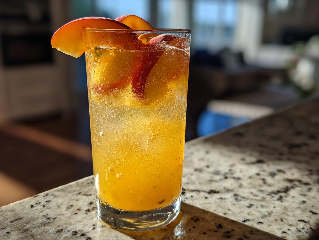 Tall glass of sparkling peach lemonade with peach slices, showcasing a refreshing summer drink.