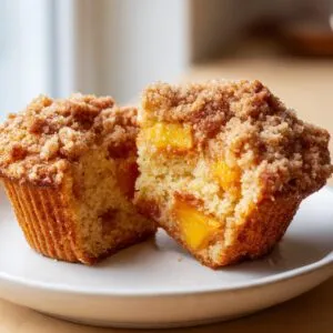 A halved peach muffin showcases its moist crumb and juicy peach filling, topped with a golden streusel.