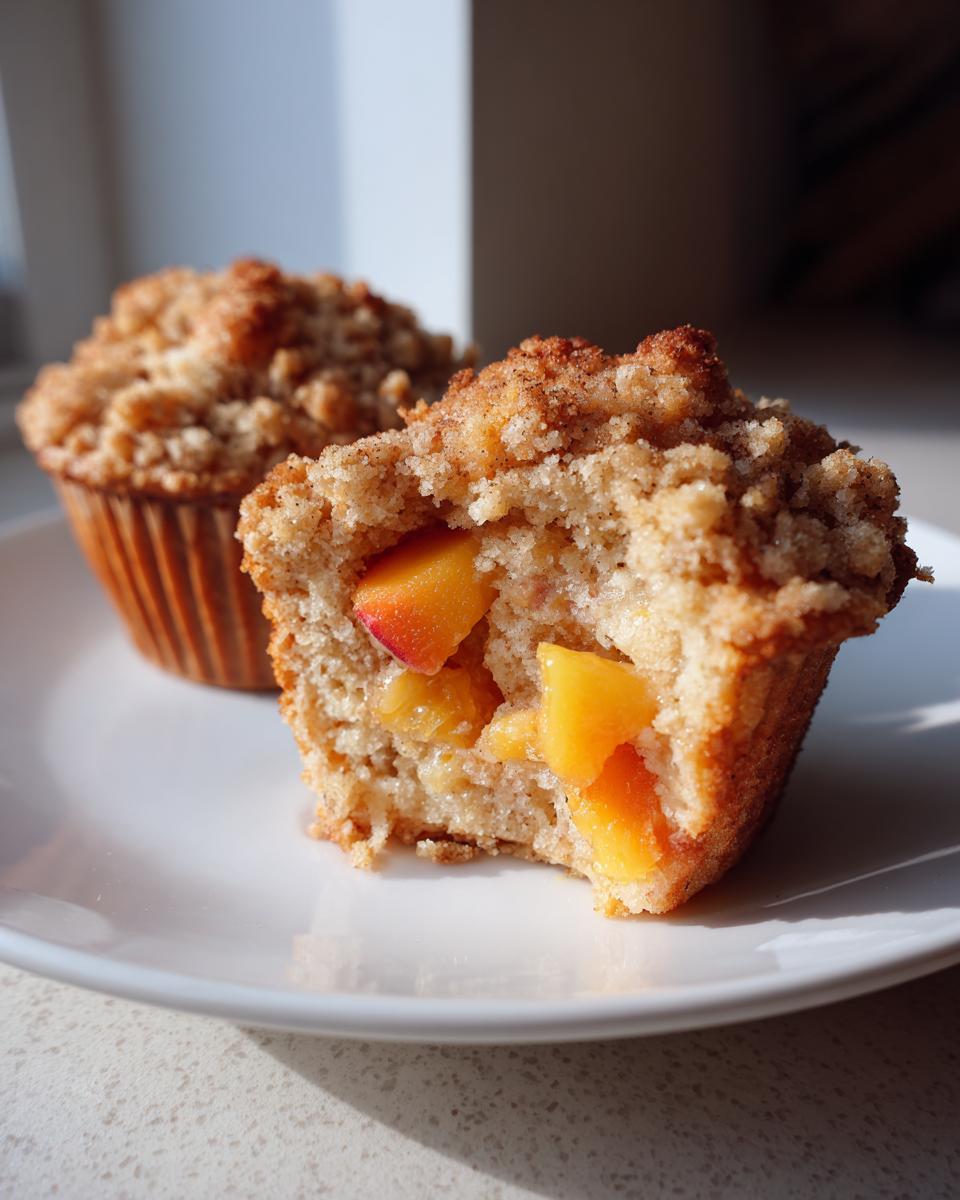 Close-up of a peach muffin with a bite taken out, revealing juicy peaches and a streusel topping.