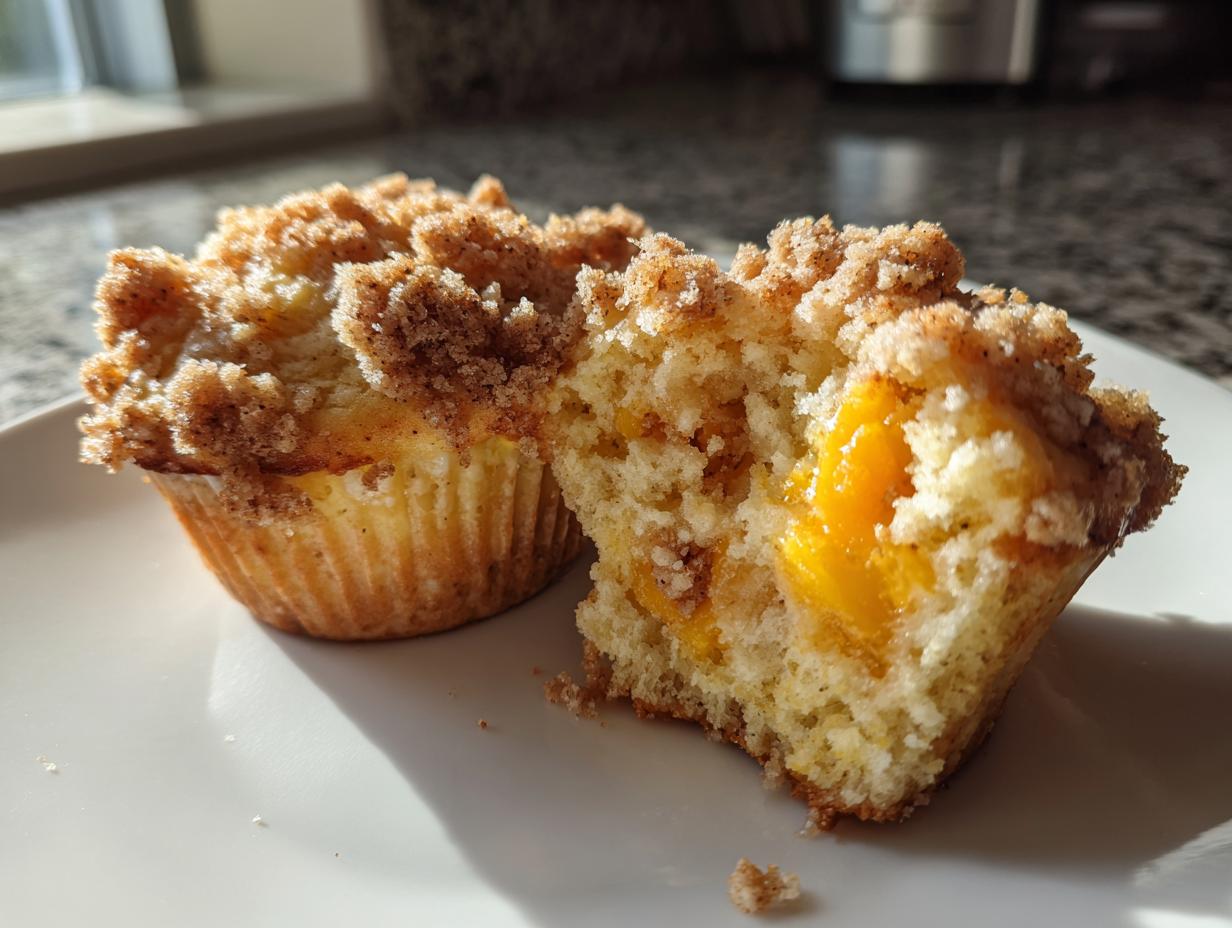 Two peach muffins on a white plate, one cut open to show the peach filling and streusel topping.