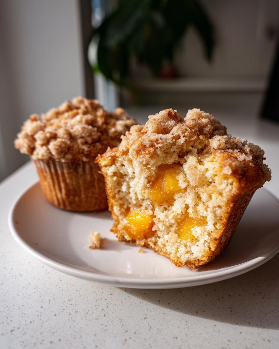 Two peach muffins on a plate, one cut open to reveal juicy peach pieces inside. Streusel topping visible.