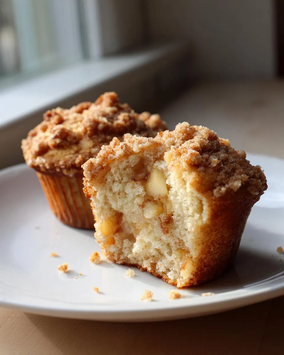 Two peach muffins on a plate, one cut in half to show the peach filling and streusel topping.