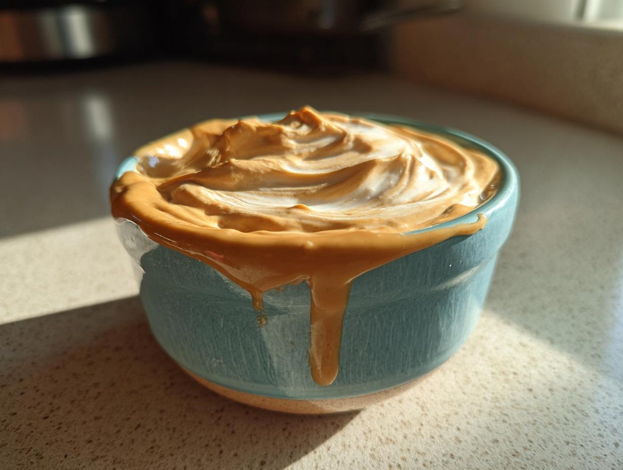 Close-up of creamy peanut butter yogurt dip in a blue bowl, with drips running down the side.