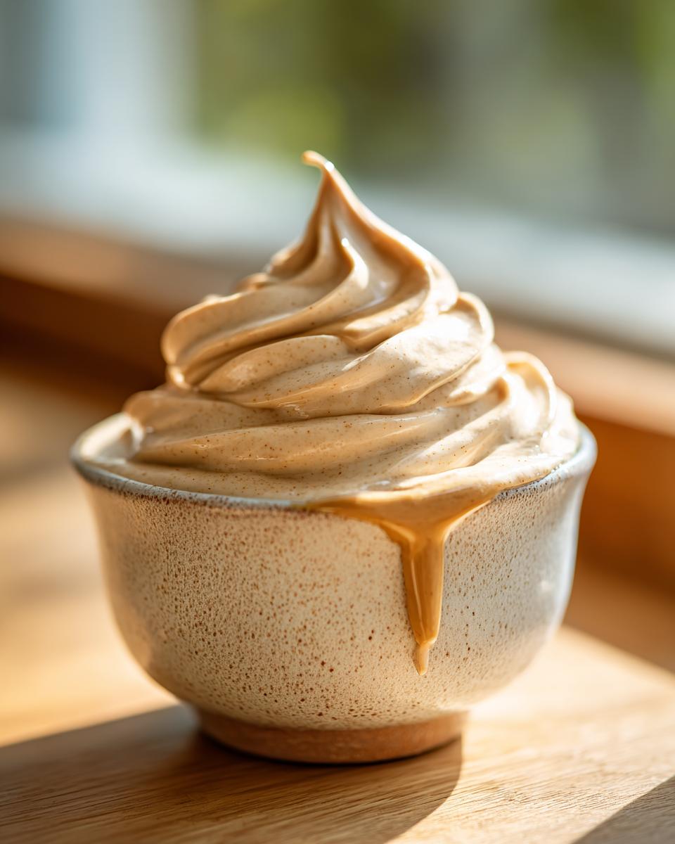 Close-up of a bowl filled with creamy peanut butter yogurt dip, with a drip of peanut butter running down the side.