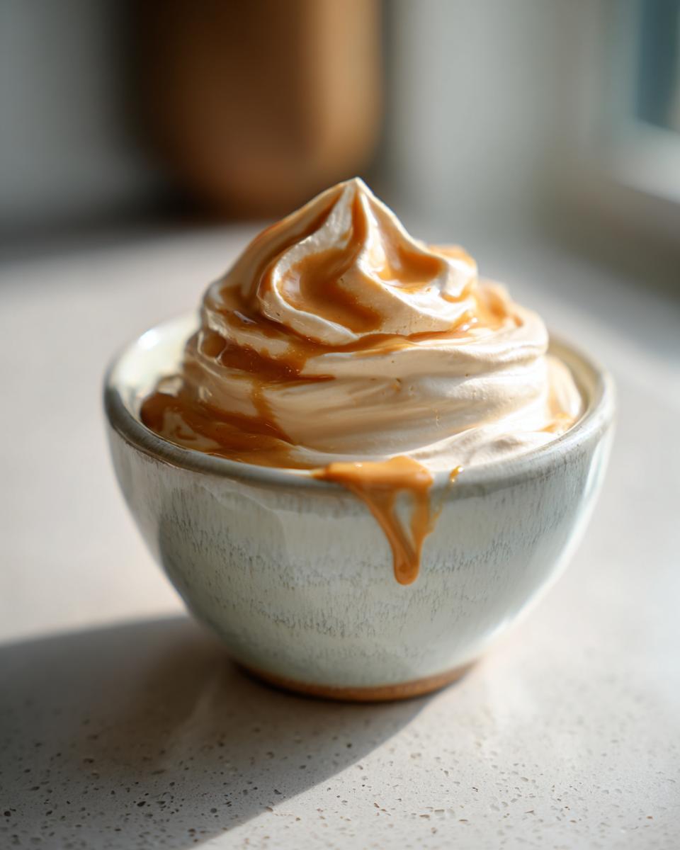 A bowl of creamy peanut butter yogurt dip, drizzled with peanut butter, sits on a bright surface.