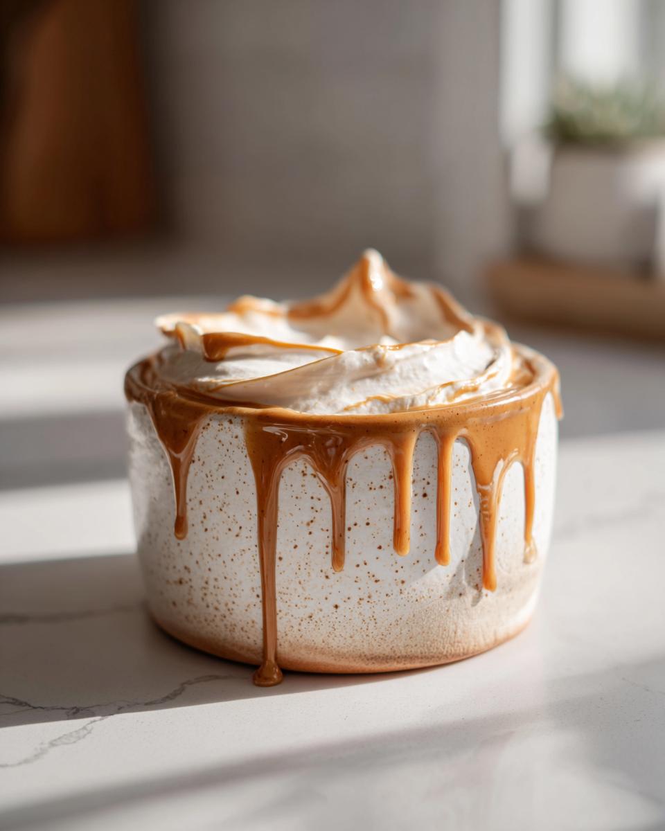 Creamy peanut butter yogurt dip in a ceramic bowl, topped with a caramel drizzle.