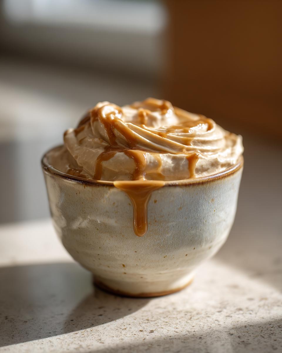 Bowl of creamy peanut butter yogurt dip drizzled with caramel sauce. Ready to eat!