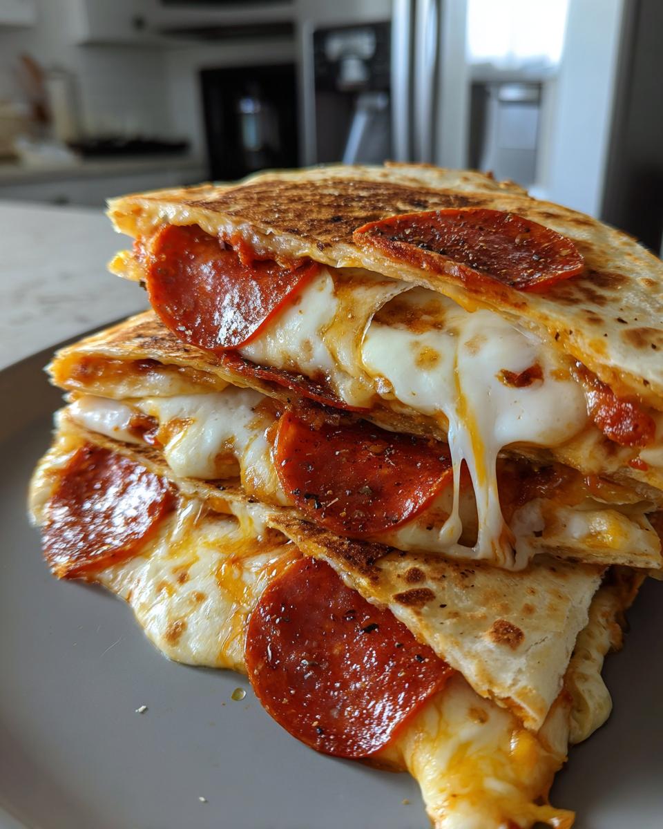 A stack of cheesy pepperoni pizza quesadillas on a plate, ready to eat. Perfect for a quick meal!
