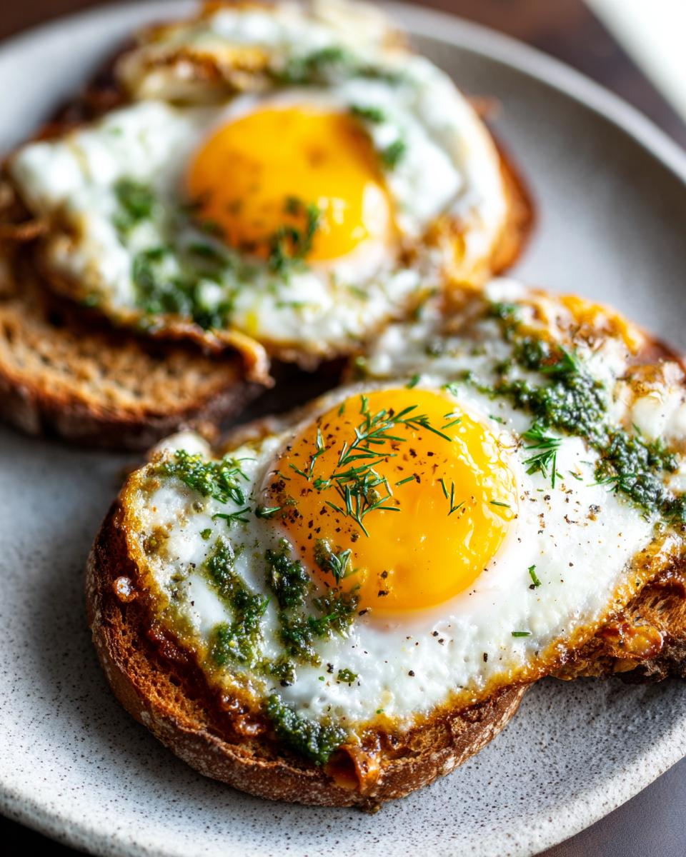 Two pesto eggs served on toasted bread, garnished with fresh herbs and black pepper.