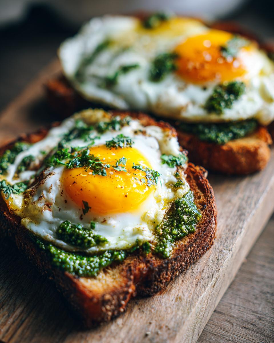 Two slices of toast topped with pesto and fried pesto eggs, garnished with herbs on a wooden board.