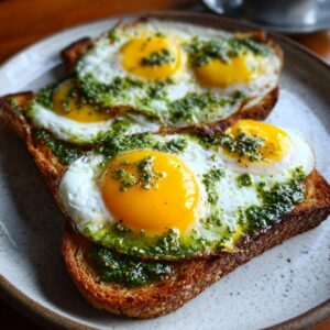 Two slices of toast topped with fried pesto eggs, showcasing vibrant green pesto and runny yolks.