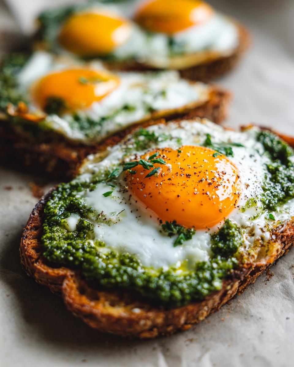 Close-up of pesto eggs on toast, showcasing a bright yellow yolk and vibrant green pesto.