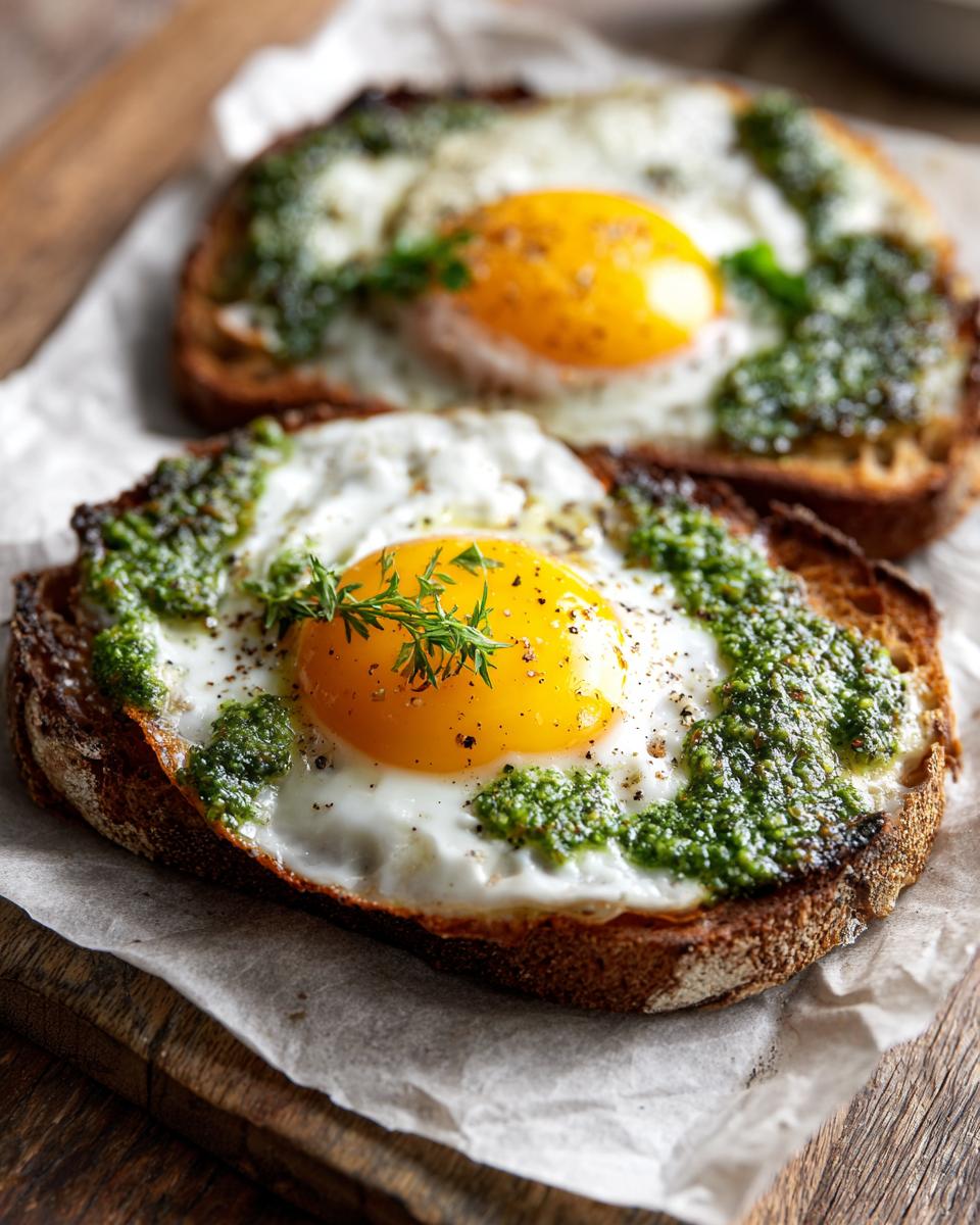 Two slices of toast topped with pesto eggs, garnished with fresh herbs and pepper.
