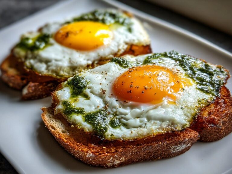 Two slices of toast topped with fried pesto eggs, showcasing vibrant green pesto and runny yolks.
