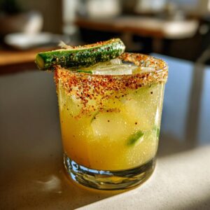 A vibrant pickle margarita with a chili-salt rim and pickle garnish, filled with ice.