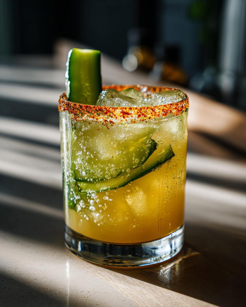 A vibrant Pickle Margarita with a chili-lime rim, pickle spear garnish, and cucumber slices.