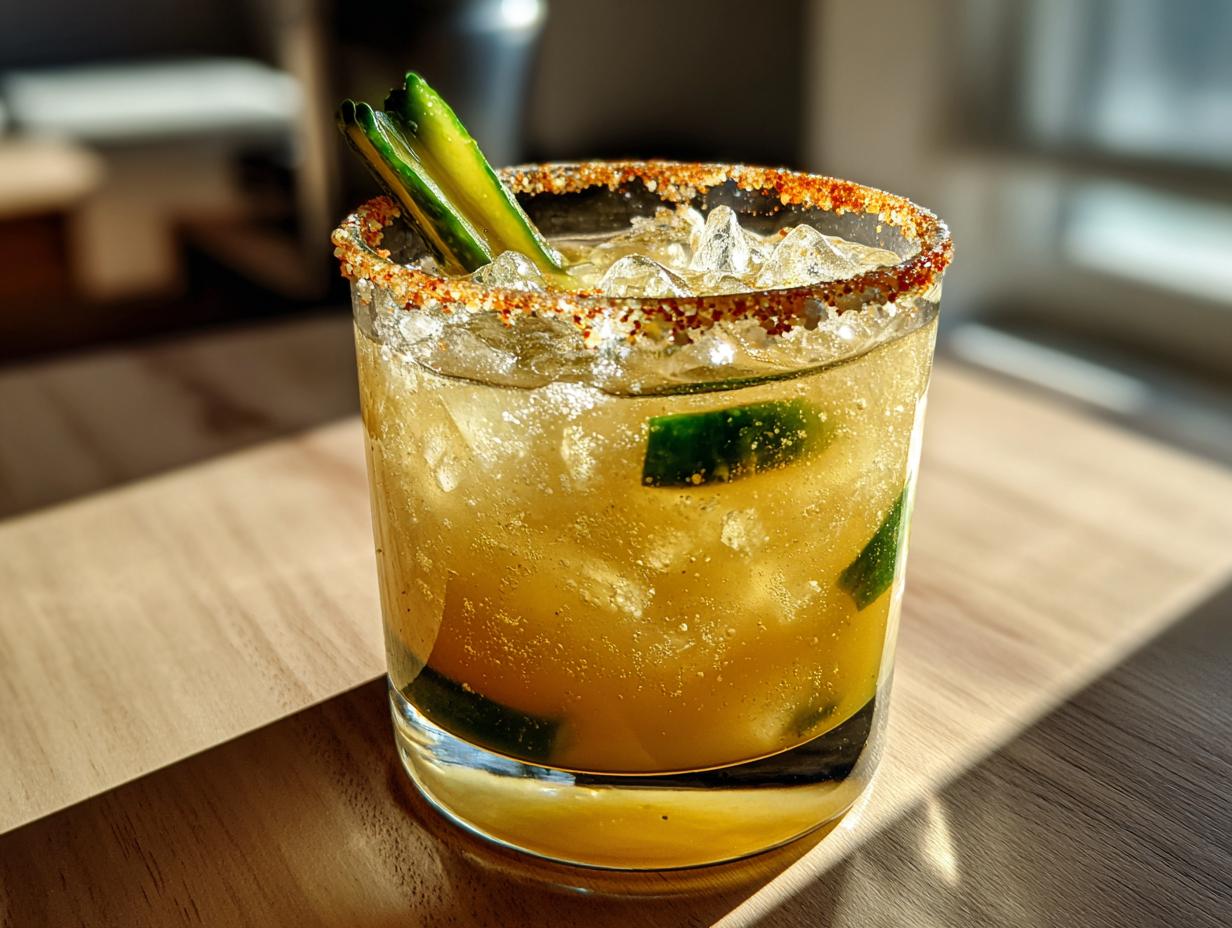 A tangy pickle margarita with a chili-lime rim, garnished with pickle spears and ice.