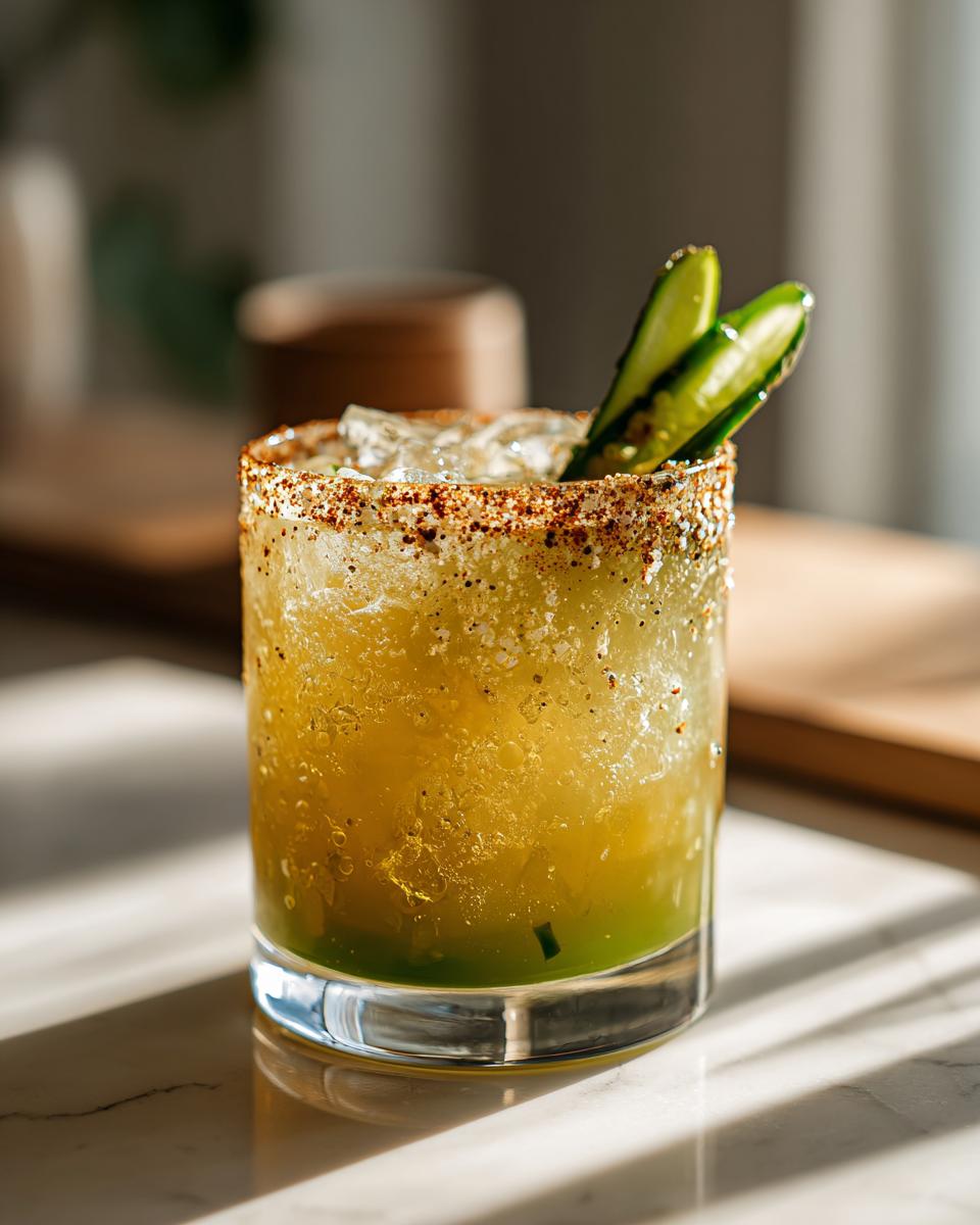 A vibrant Pickle Margarita in a glass with a chili-lime rim and garnished with pickle spears.