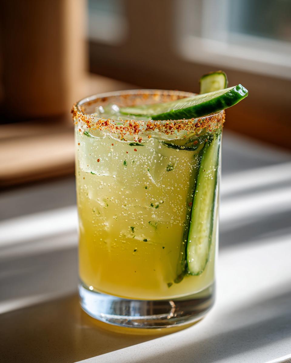 A vibrant pickle margarita in a glass with a chili-lime rim, garnished with cucumber slices.