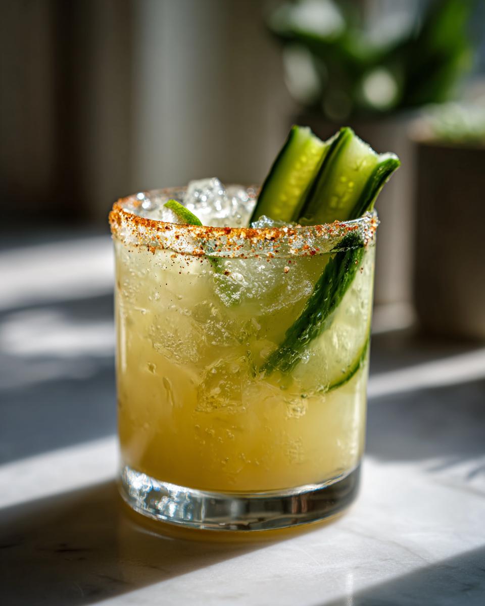 A vibrant Pickle Margarita in a glass with a spiced rim, garnished with cucumber slices and ice.