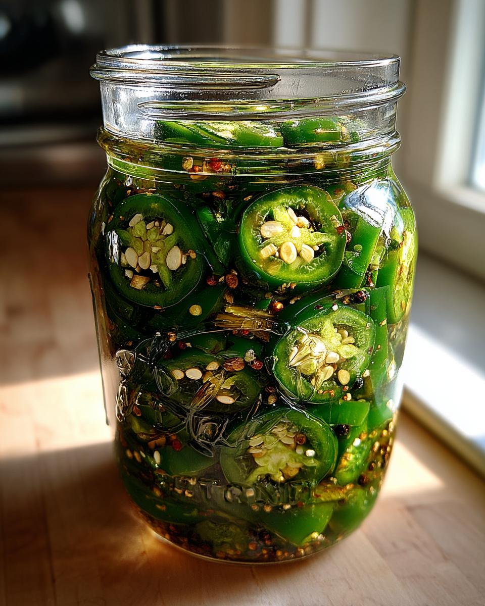 Close-up of a glass jar filled with sliced pickled jalapeños and spices, ready to ignite your meals.
