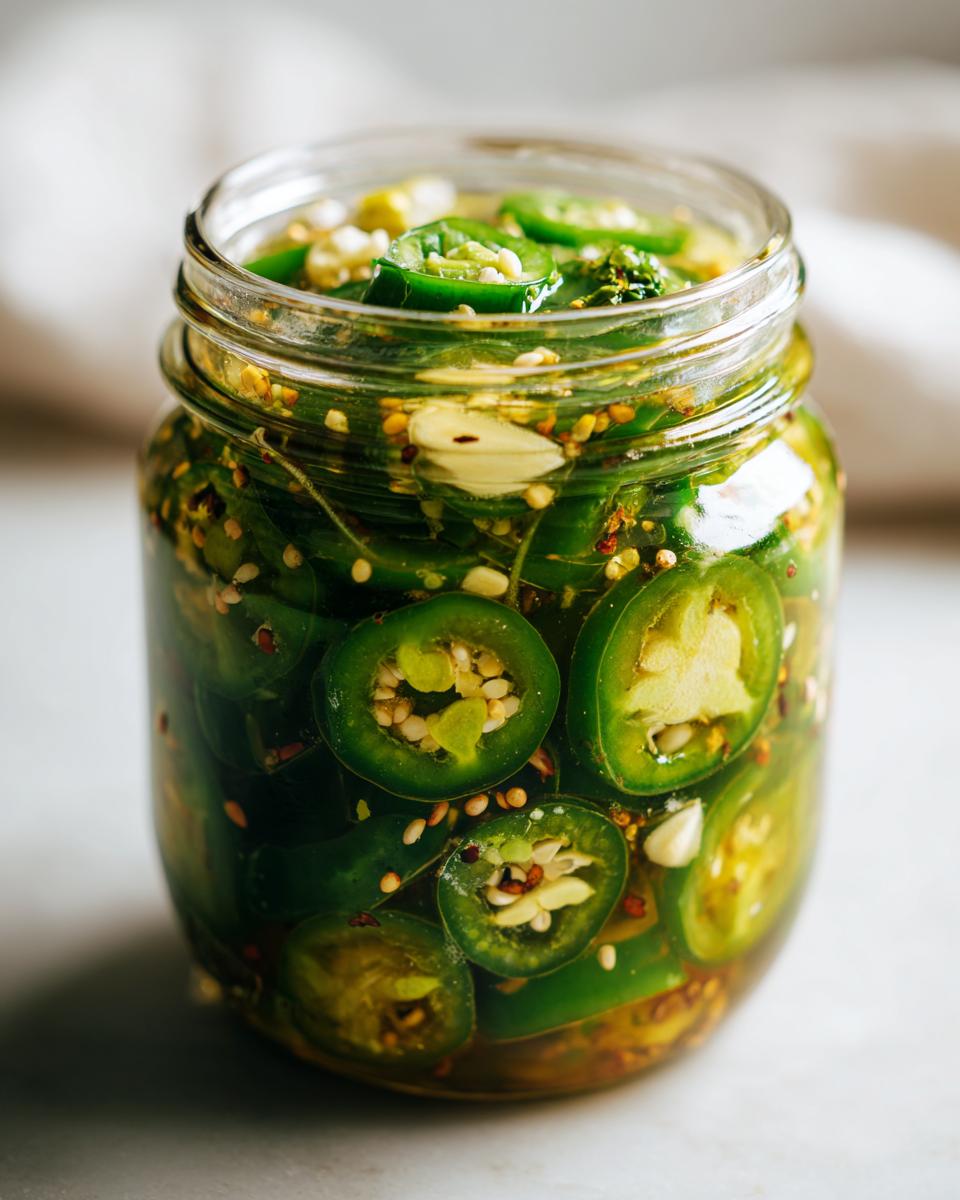 Close-up of a glass jar filled with vibrant green pickled jalapeños, garlic, and spices.