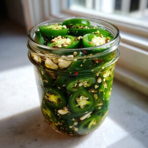 A glass jar filled with sliced pickled jalapeños, garlic, and spices, ready to add a kick to any meal.