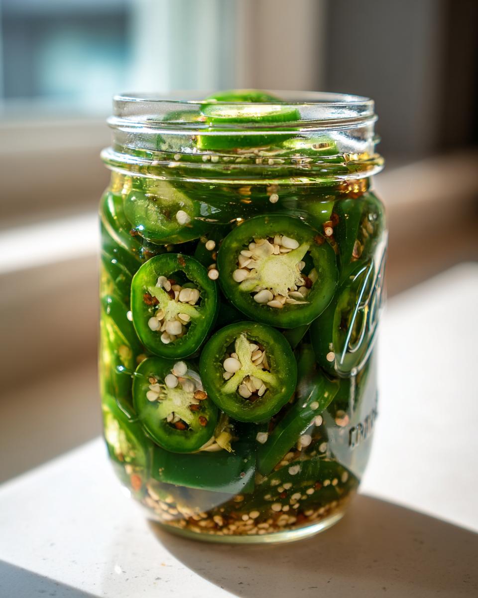Close-up of a glass jar filled with vibrant green sliced pickled jalapeños and pickling spices.