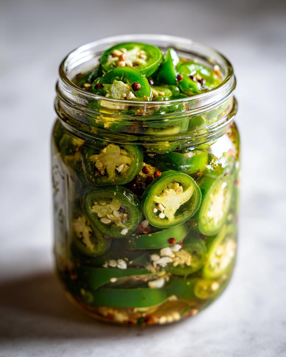 A full jar of sliced pickled jalapeños, showing the peppers and spices in the brine.