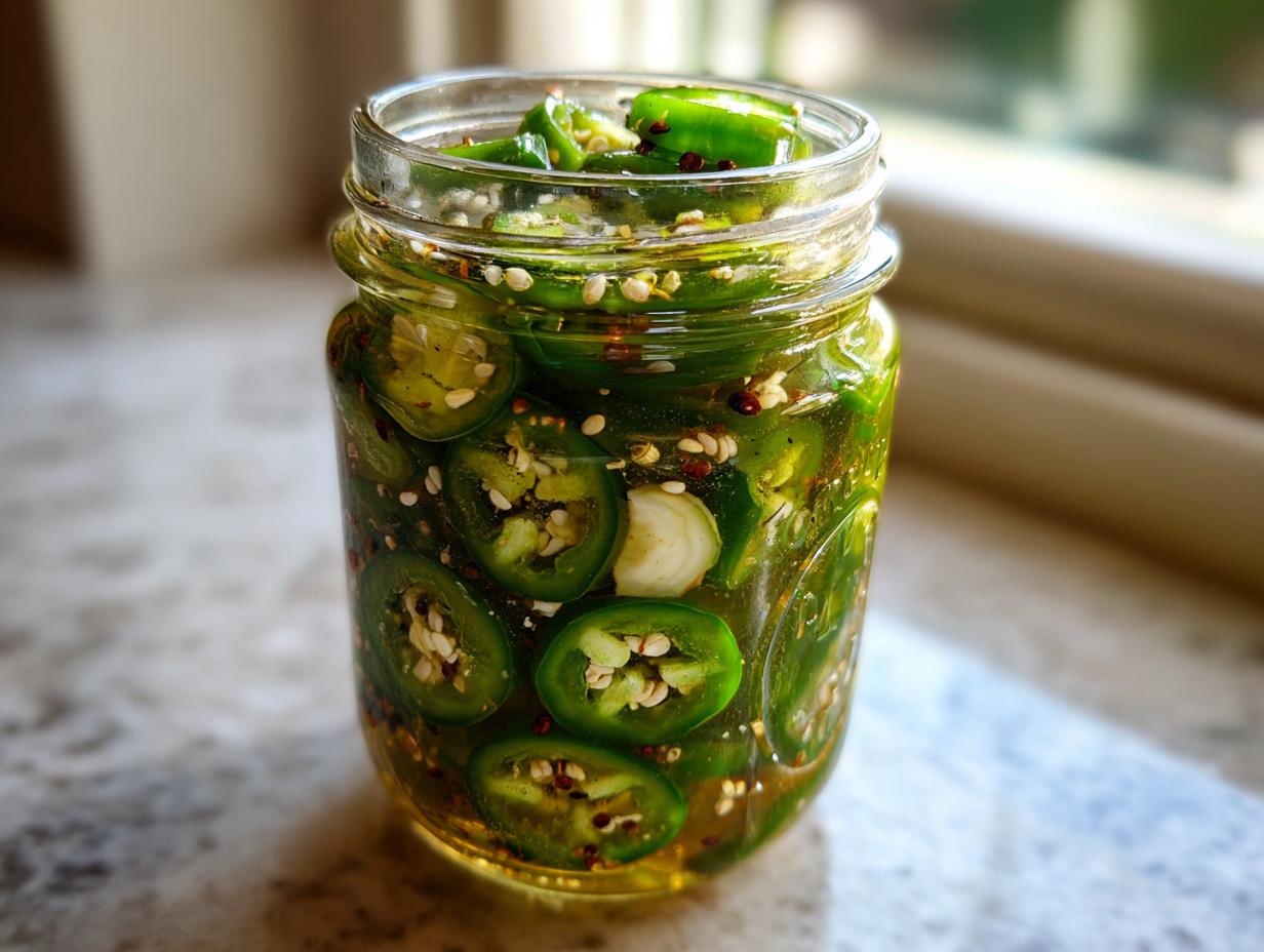Close-up of a glass jar filled with vibrant green pickled jalapeños, garlic, and spices.
